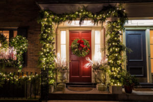Front door decorated for the holidays